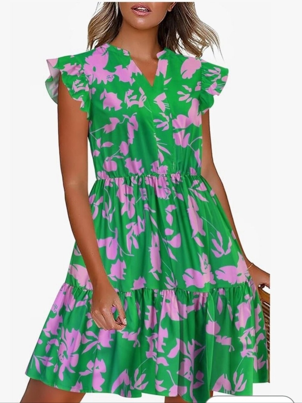 SHEIN Mint Green & Light Pink Floral Ruffle Sleeve Tiered Dress